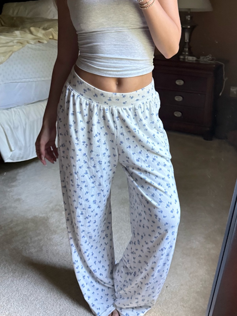 Hollister Cream Sleep Pants with Blue Floral Accents